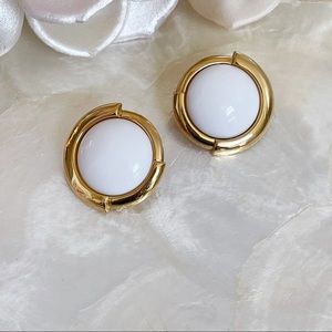 Monet Gold Tone White Cabochon Pierced Earrings